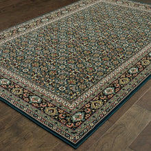 8' X 11' Navy Blue Green Red Ivory And Yellow Oriental Power Loom Stain Resistant Area Rug