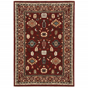 2' X 3' Red Black Ivory And Brown Oriental Power Loom Stain Resistant Area Rug With Fringe