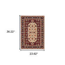 2' X 3' Red Ivory Blue And Orange Oriental Power Loom Stain Resistant Area Rug With Fringe