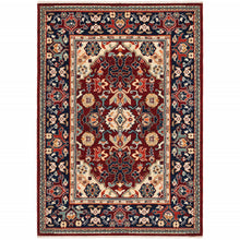 8' X 11' Red Blue Orange And Beige Oriental Power Loom Stain Resistant Area Rug With Fringe
