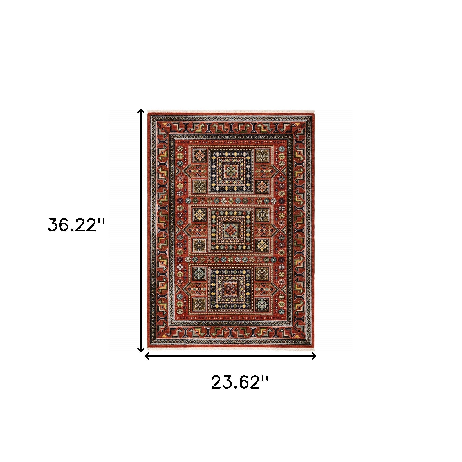2' X 3' Red Blue Beige And Green Oriental Power Loom Stain Resistant Area Rug With Fringe