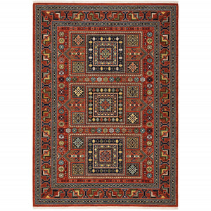 5' X 8' Red Blue Beige And Green Oriental Power Loom Stain Resistant Area Rug With Fringe