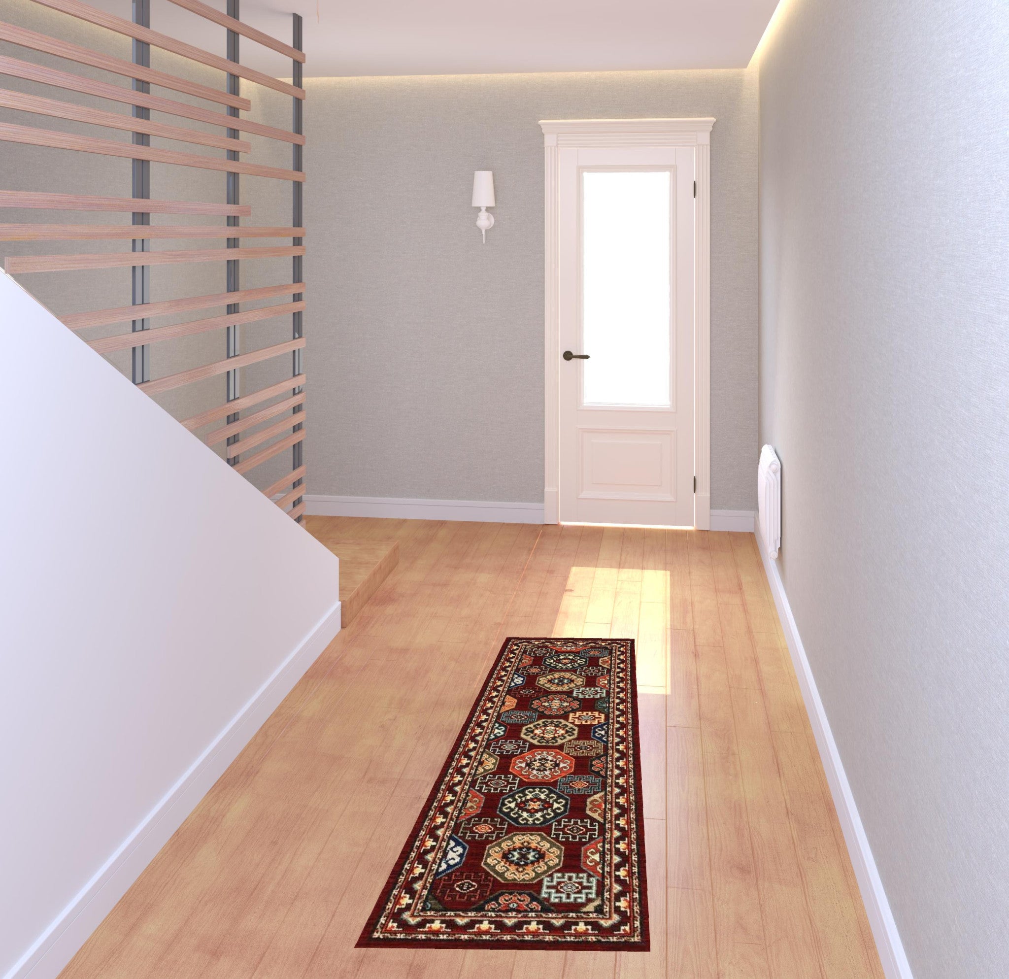 2' X 6' Red Blue Brown And Beige Oriental Power Loom Stain Resistant Runner Rug With Fringe