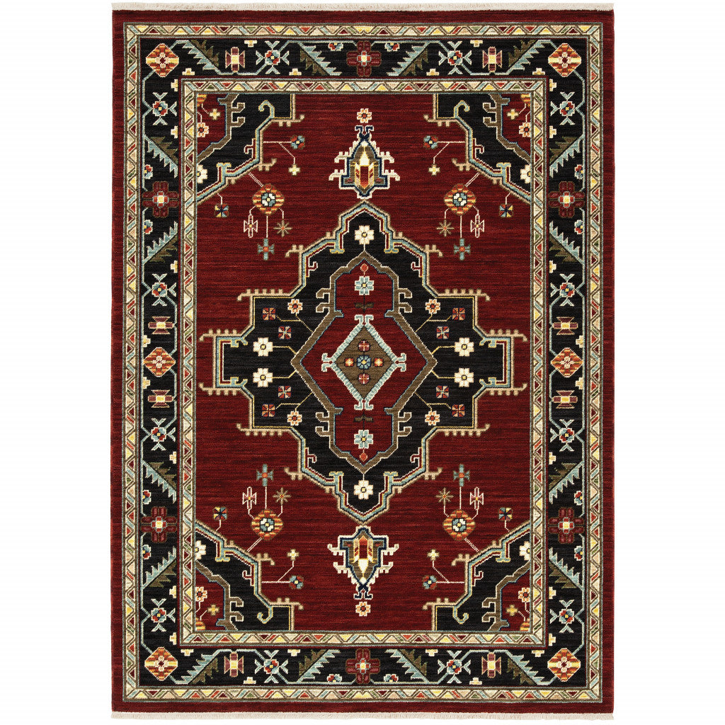 5' X 8' Red Black Beige And Blue Oriental Power Loom Stain Resistant Area Rug With Fringe