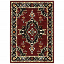 5' X 8' Red Black Beige And Blue Oriental Power Loom Stain Resistant Area Rug With Fringe