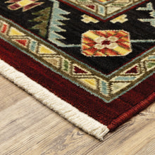 5' X 8' Red Black Beige And Blue Oriental Power Loom Stain Resistant Area Rug With Fringe