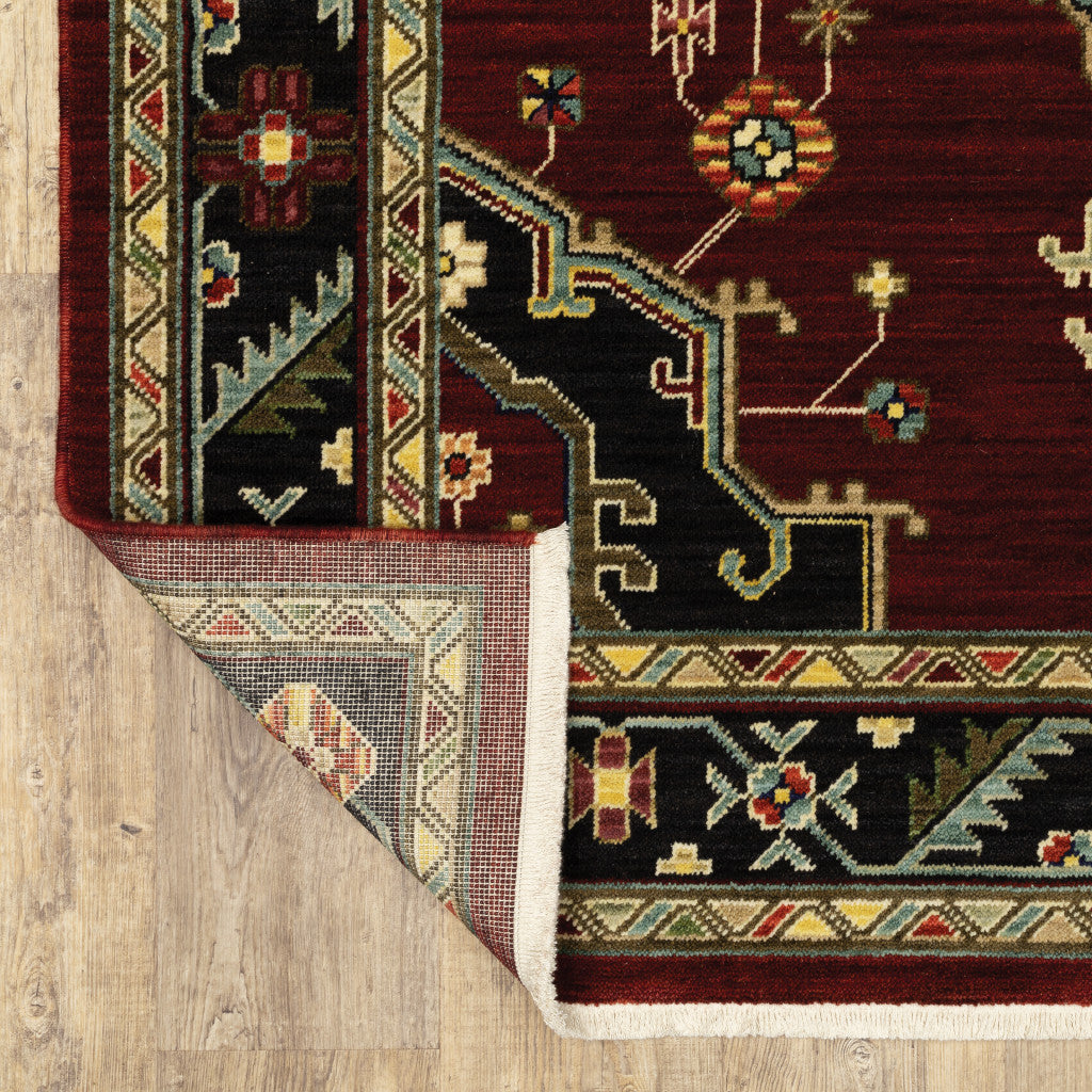 5' X 8' Red Black Beige And Blue Oriental Power Loom Stain Resistant Area Rug With Fringe