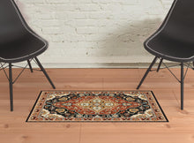 2' X 3' Black Orange And Beige Oriental Power Loom Stain Resistant Area Rug With Fringe