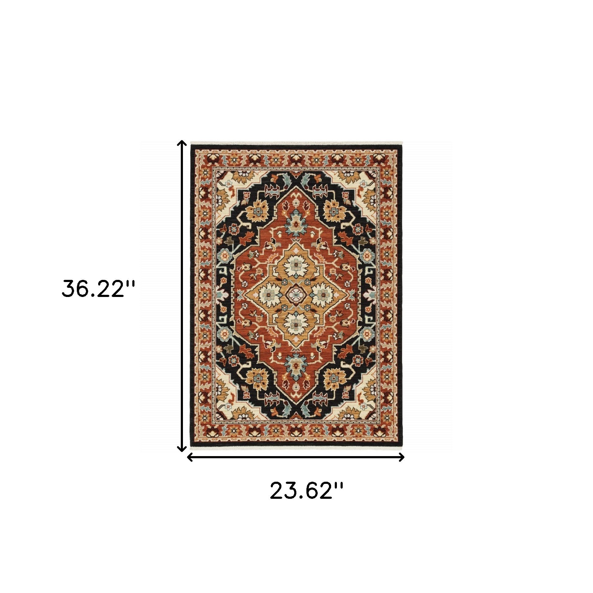 2' X 3' Black Orange And Beige Oriental Power Loom Stain Resistant Area Rug With Fringe