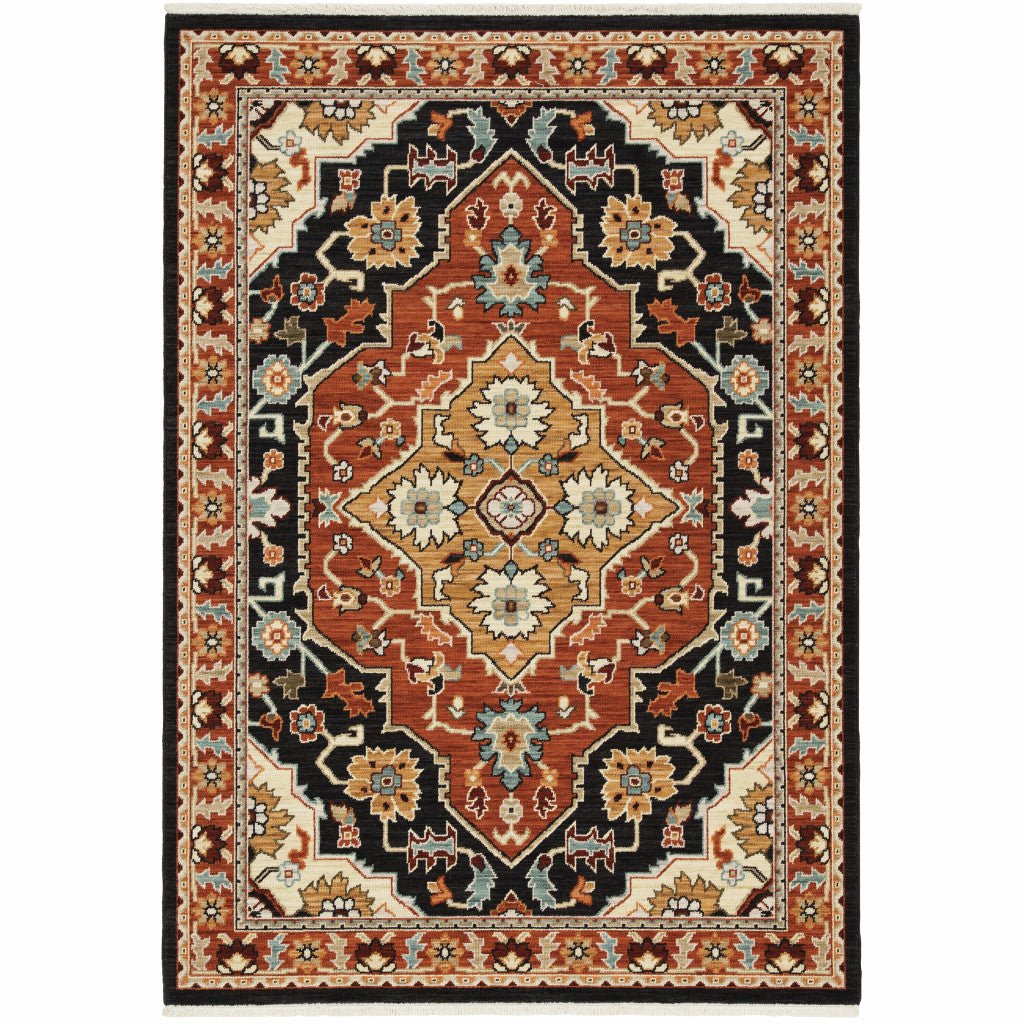 10' X 13' Black Orange And Beige Oriental Power Loom Stain Resistant Area Rug With Fringe