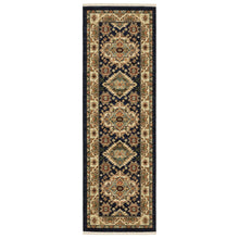 2' X 6' Navy Charcoal Orange Rust Gold Pale Blue Olive Beige And Salmon Oriental Power Loom Runner Rug With Fringe