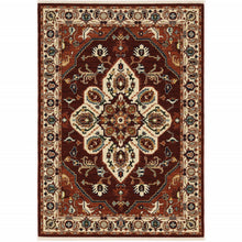 8' X 11' Red Ivory Orange And Blue Oriental Power Loom Stain Resistant Area Rug With Fringe