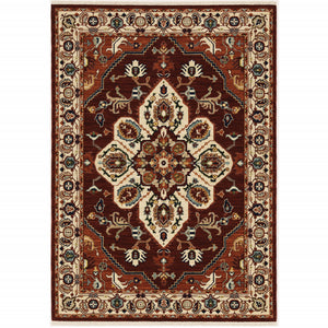 8' X 11' Red Ivory Orange And Blue Oriental Power Loom Stain Resistant Area Rug With Fringe