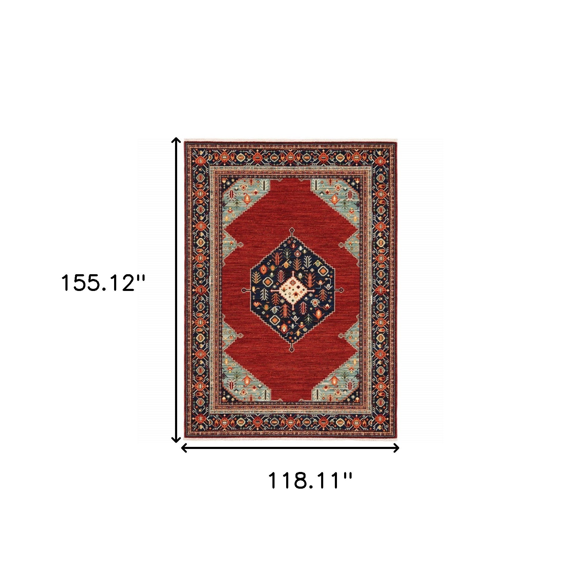 10' X 13' Red Blue Orange And Ivory Oriental Power Loom Stain Resistant Area Rug With Fringe