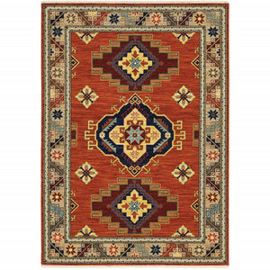 2' X 3' Red Gold Blue Brown Oriental Power Loom Stain Resistant Area Rug With Fringe