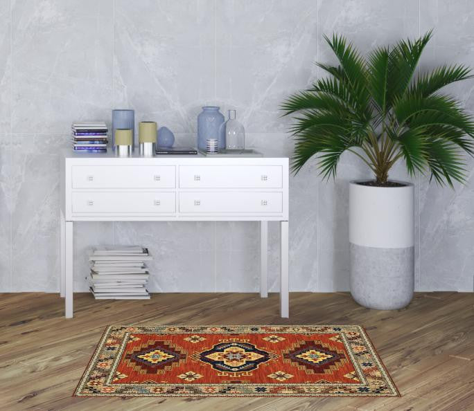 3' X 5' Red Gold Blue Brown Oriental Power Loom Stain Resistant Area Rug With Fringe