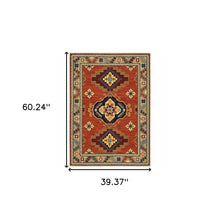 3' X 5' Red Gold Blue Brown Oriental Power Loom Stain Resistant Area Rug With Fringe