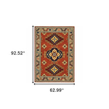 5' X 8' Red Gold Blue Brown Oriental Power Loom Stain Resistant Area Rug With Fringe