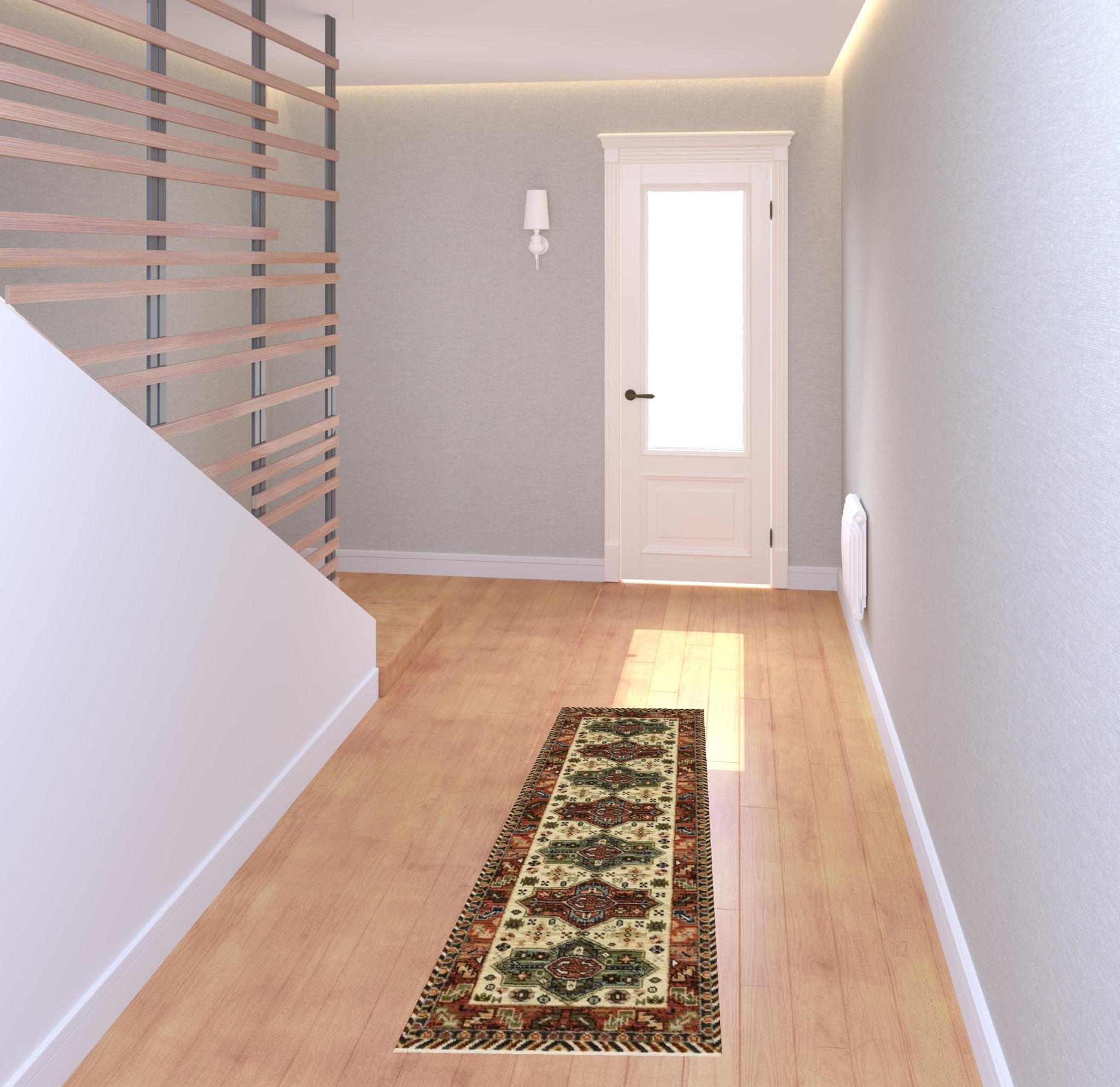 2' X 6' Brick Red Orange Rust Beige Gold Pale Blue Olive Navy And Black Oriental Power Loom Runner Rug With Fringe