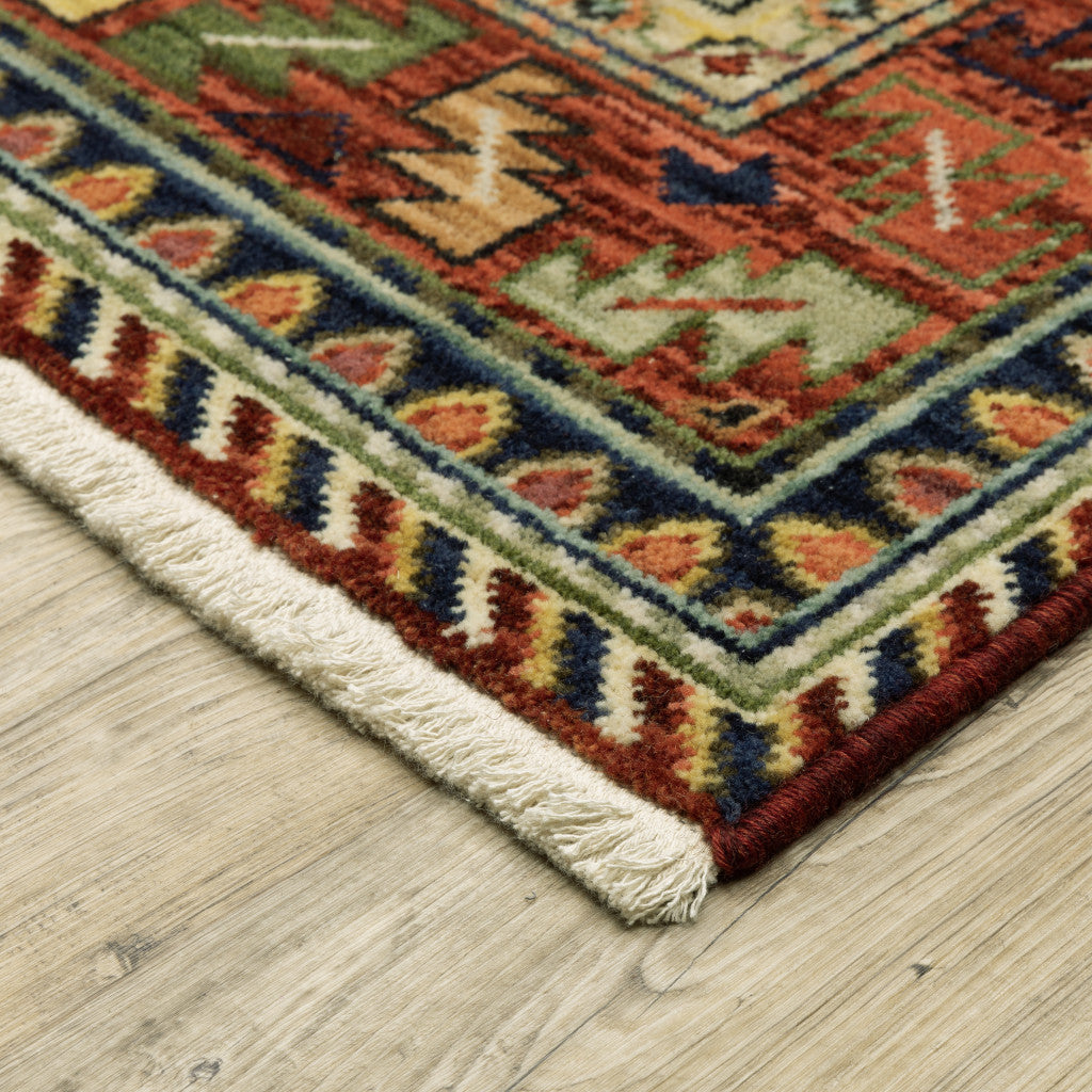 2' X 6' Brick Red Orange Rust Beige Gold Pale Blue Olive Navy And Black Oriental Power Loom Runner Rug With Fringe