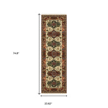2' X 6' Brick Red Orange Rust Beige Gold Pale Blue Olive Navy And Black Oriental Power Loom Runner Rug With Fringe