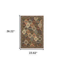 2' X 3' Red Rust Navy Light Blue Brown Orange Ivory And Gold Oriental Power Loom Stain Resistant Area Rug With Fringe