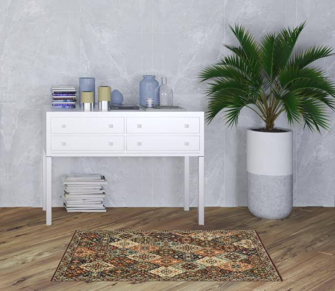 Red Rust Navy Light Blue Brown Orange Ivory And Gold Oriental Power Loom Stain Resistant Area Rug With Fringe - 3' x 5'