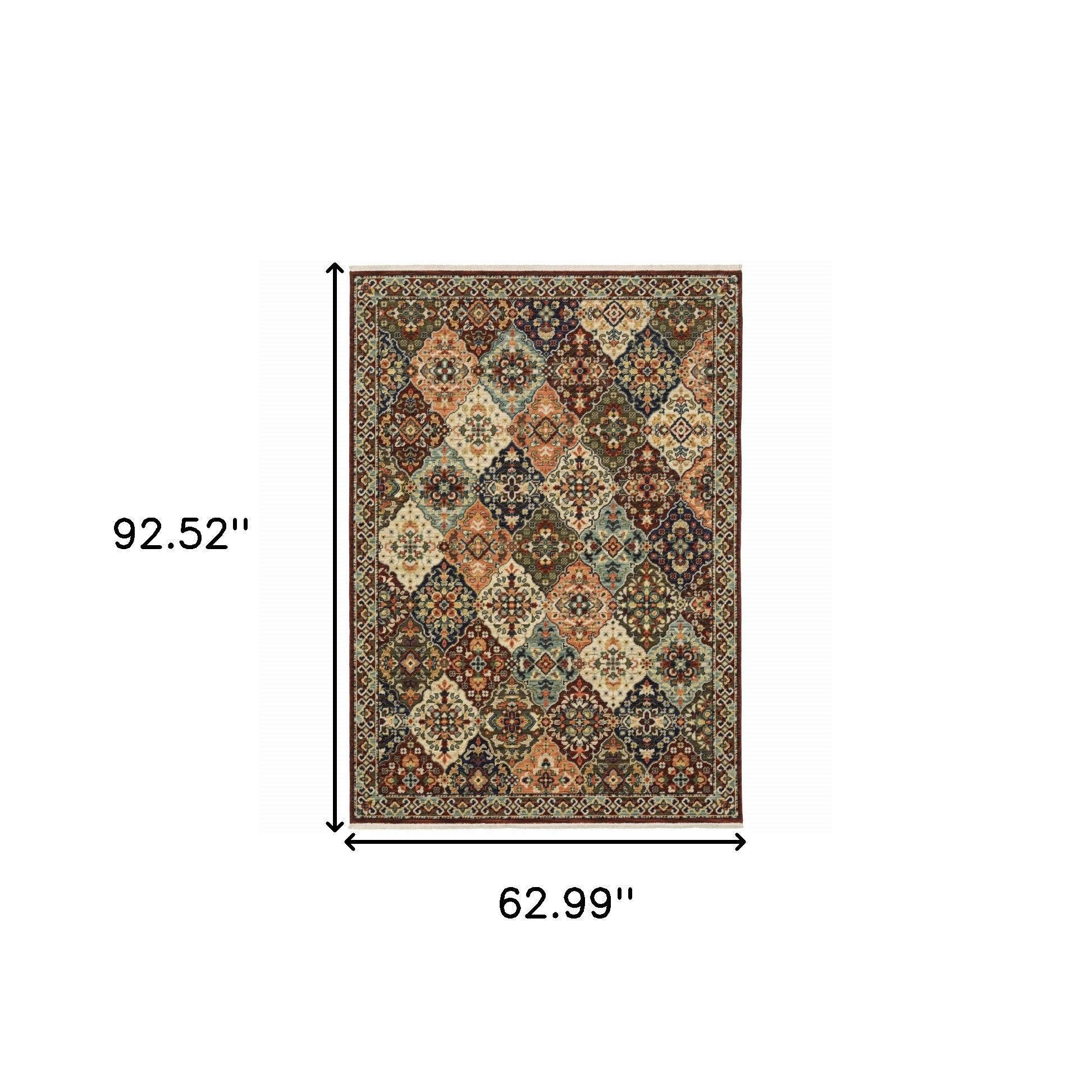 Red Rust Navy Light Blue Brown Orange Ivory And Gold Oriental Power Loom Stain Resistant Area Rug With Fringe - 5' x 8'