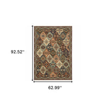 Red Rust Navy Light Blue Brown Orange Ivory And Gold Oriental Power Loom Stain Resistant Area Rug With Fringe - 5' x 8'