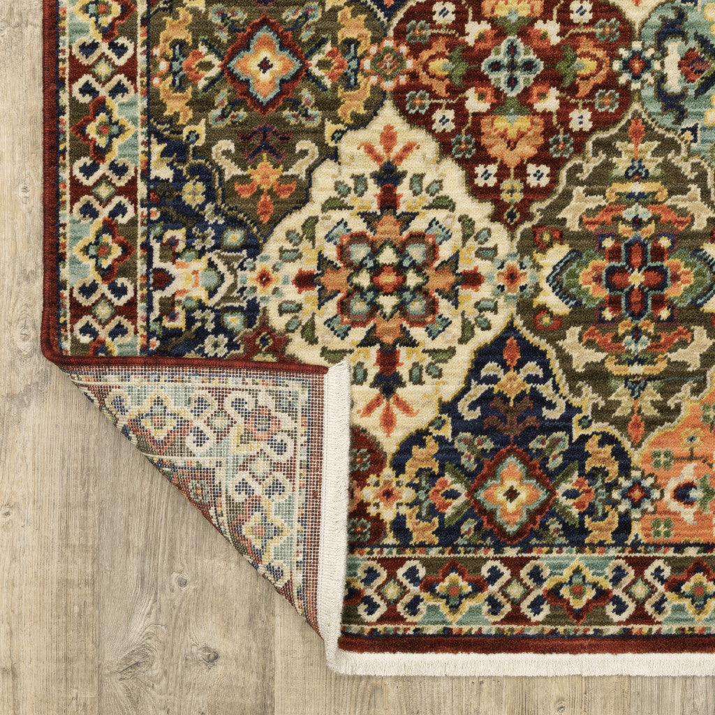 Red Rust Navy Light Blue Brown Orange Ivory And Gold Oriental Power Loom Stain Resistant Area Rug With Fringe - 5' x 8'