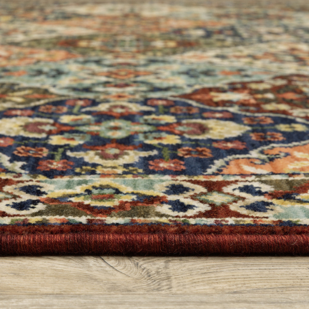 Red Rust Navy Light Blue Brown Orange Ivory And Gold Oriental Power Loom Stain Resistant Area Rug With Fringe - 5' x 8'