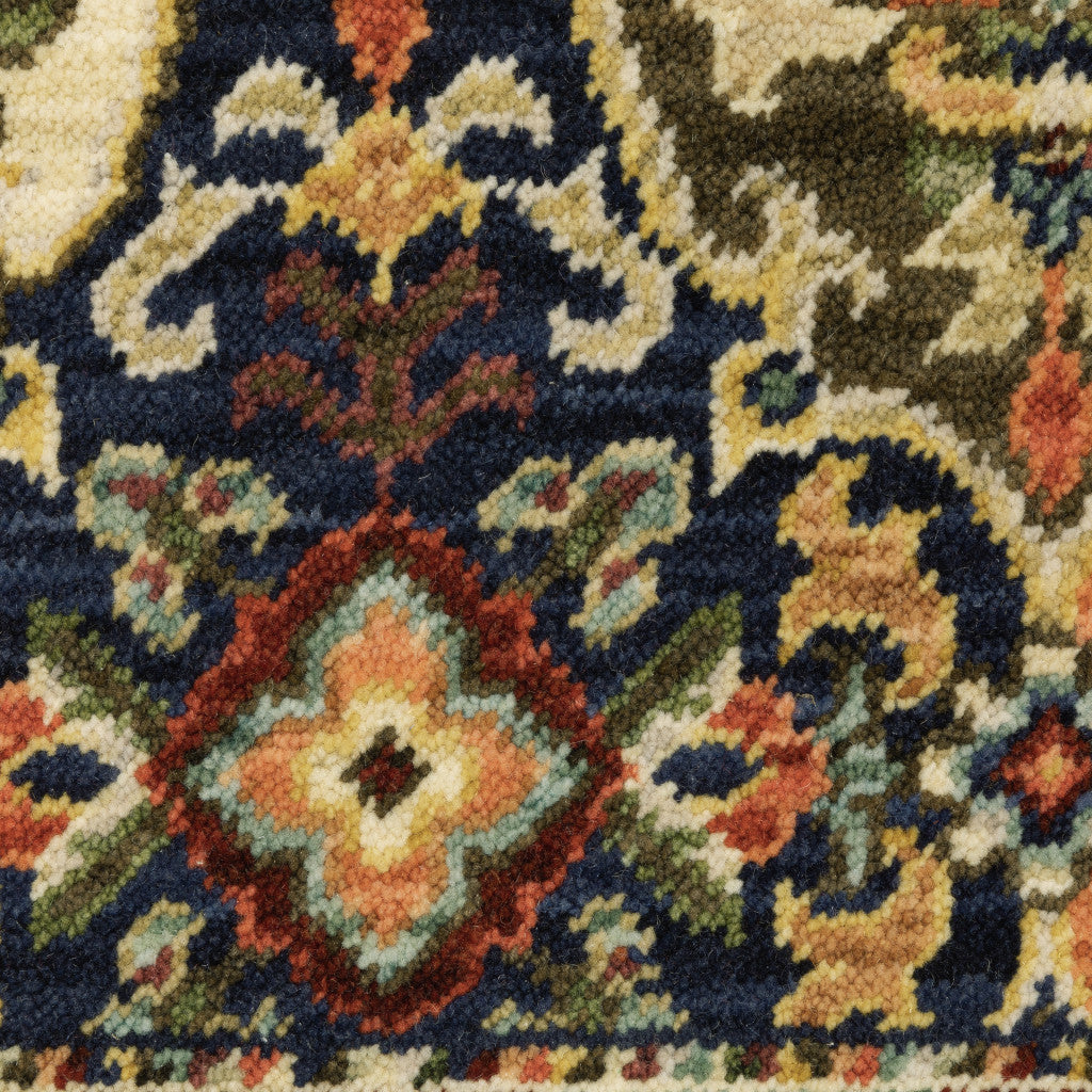 Red Rust Navy Light Blue Brown Orange Ivory And Gold Oriental Power Loom Stain Resistant Area Rug With Fringe - 5' x 8'
