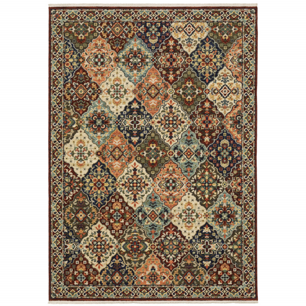 Red Rust Navy Light Blue Brown Orange Ivory And Gold Oriental Power Loom Stain Resistant Area Rug With Fringe - 6' x 9'
