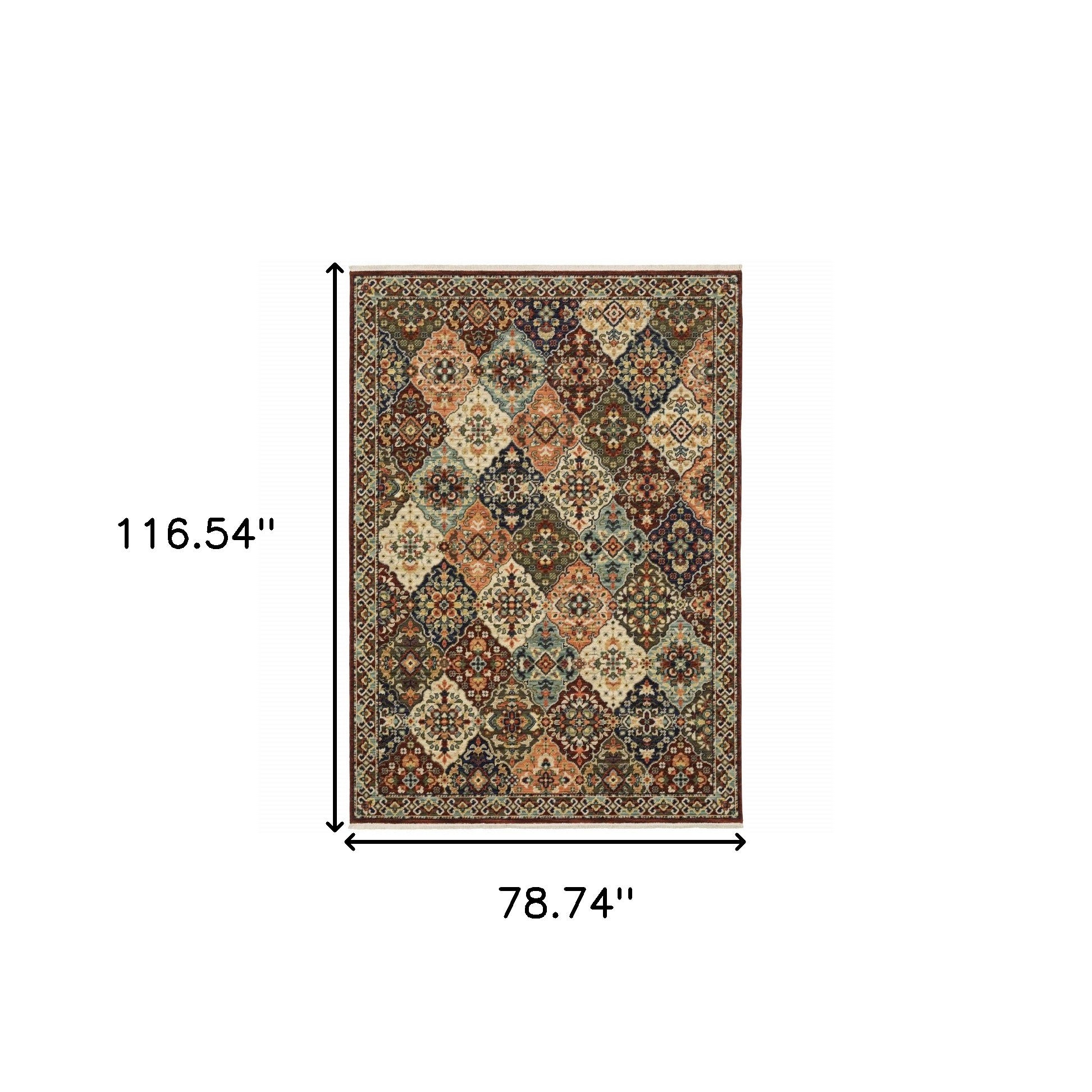 Red Rust Navy Light Blue Brown Orange Ivory And Gold Oriental Power Loom Stain Resistant Area Rug With Fringe - 6' x 9'