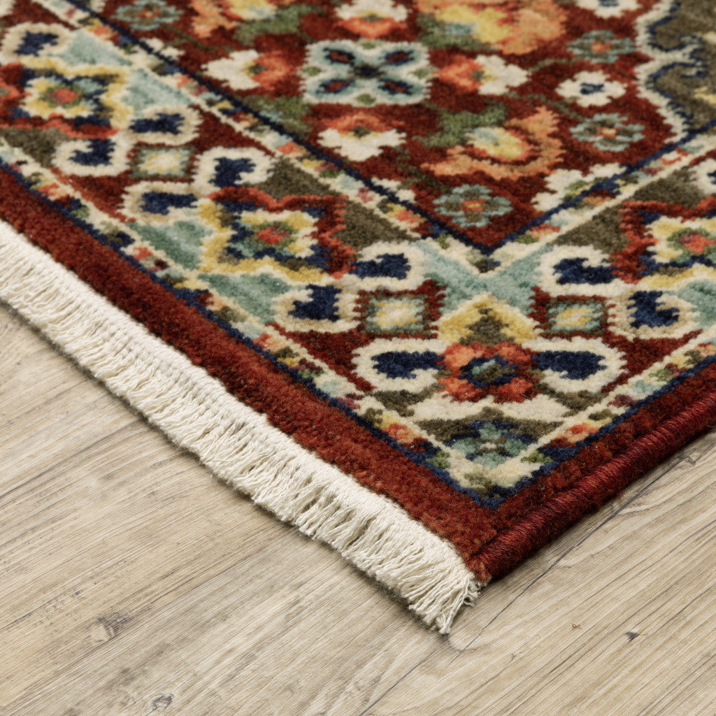 Red Rust Navy Light Blue Brown Orange Ivory And Gold Oriental Power Loom Stain Resistant Area Rug With Fringe - 6' x 9'