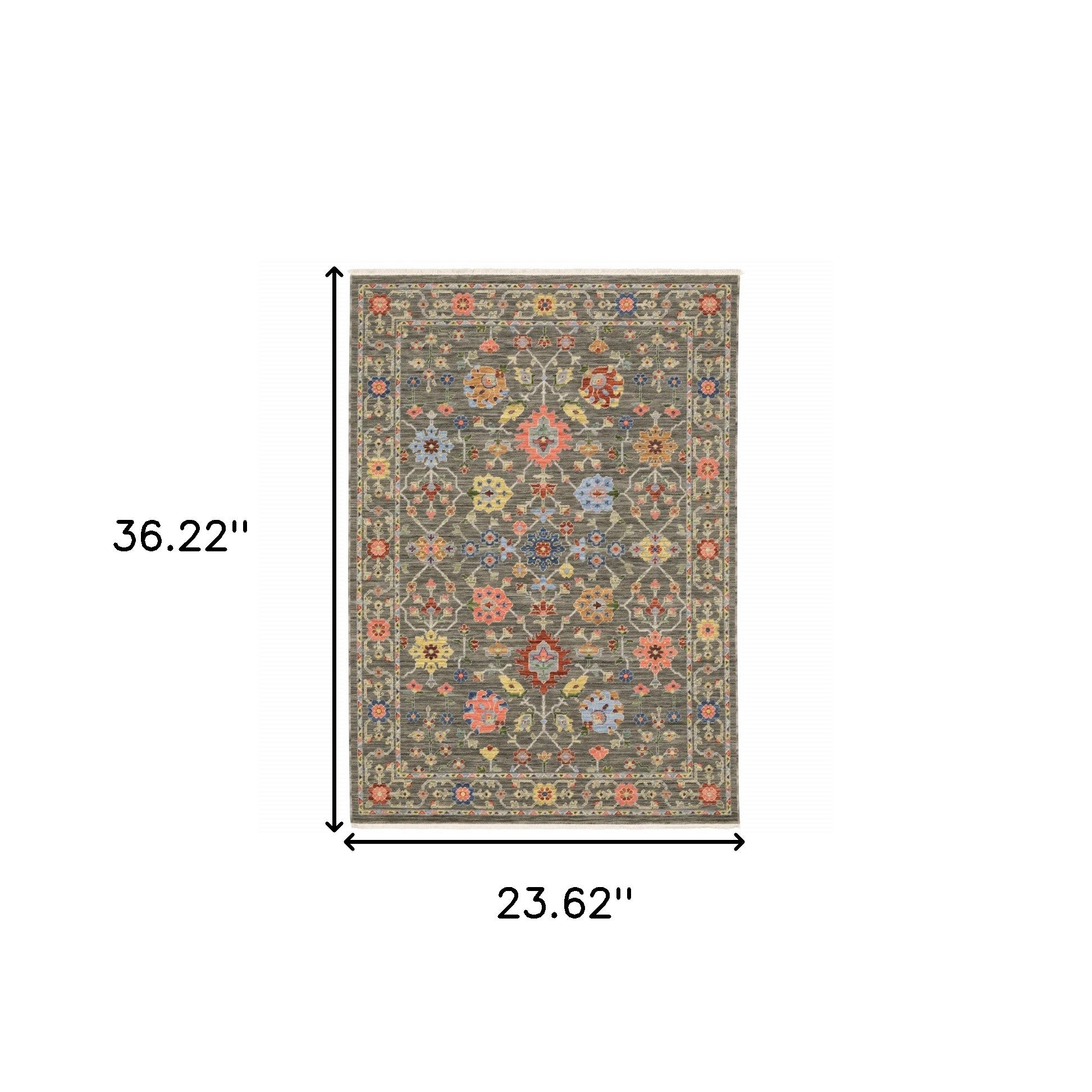 2' X 3' Grey Salmon Pink Gold Blue Rust Deep Blue Ivory And Green Oriental Power Loom Stain Resistant Area Rug With Fringe
