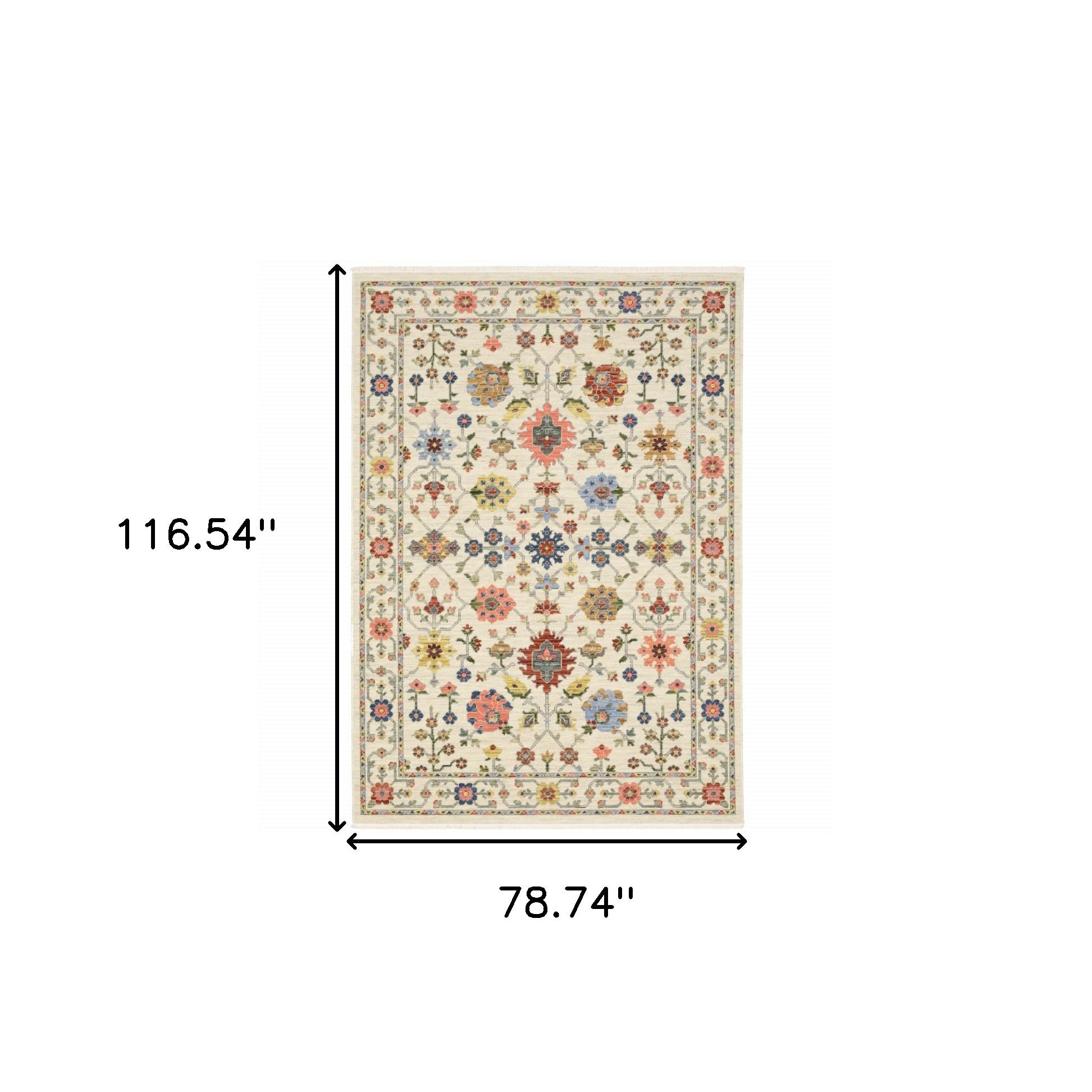 6' X 9' Ivory Salmon Pink Gold Blues Grey Rust And Green Oriental Power Loom Stain Resistant Area Rug With Fringe