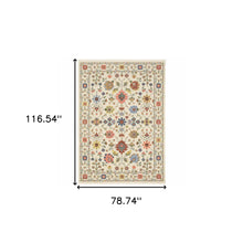 6' X 9' Ivory Salmon Pink Gold Blues Grey Rust And Green Oriental Power Loom Stain Resistant Area Rug With Fringe