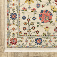 6' X 9' Ivory Salmon Pink Gold Blues Grey Rust And Green Oriental Power Loom Stain Resistant Area Rug With Fringe