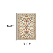 8' X 11' Ivory Salmon Pink Gold Blues Grey Rust And Green Oriental Power Loom Stain Resistant Area Rug With Fringe