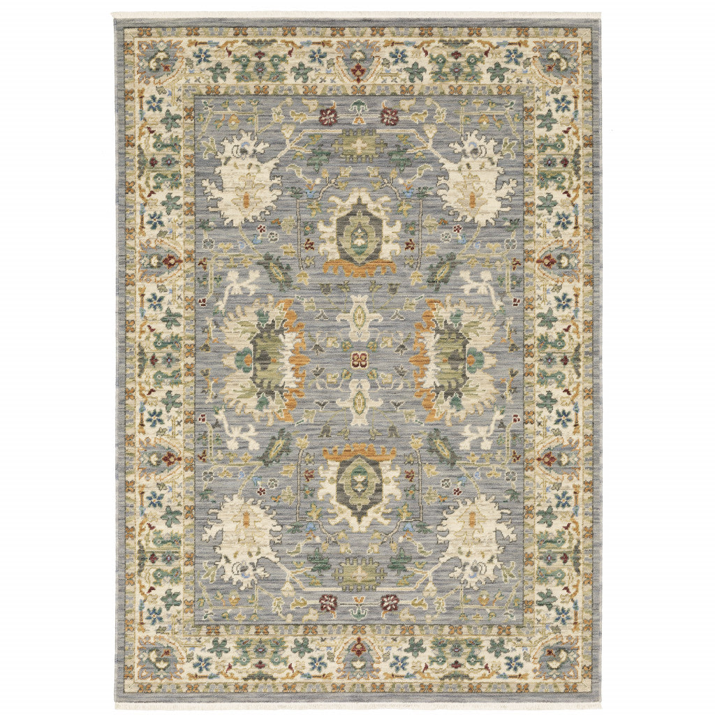 3' X 5' Grey Ivory Orange Teal Green Charcoal Blue And Red Oriental Power Loom Stain Resistant Area Rug With Fringe