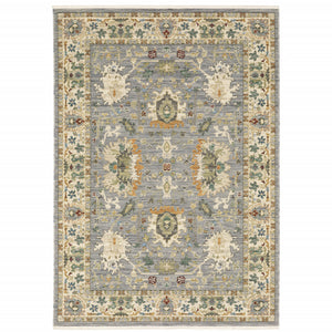 8' X 11' Grey Ivory Orange Teal Green Charcoal Blue And Red Oriental Power Loom Stain Resistant Area Rug With Fringe