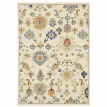 2' X 3' Ivory Beige Gold Grey Blue Pink Red Rust And Green Oriental Power Loom Stain Resistant Area Rug With Fringe