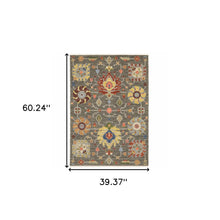 3' X 5' Grey Charcoal Yellow Blue Rust Red Pink Green And Ivory Oriental Power Loom Stain Resistant Area Rug With Fringe