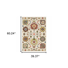 3' X 5' Ivory Yellow Rust Green Grey Pink Orange Blue And Grey Oriental Power Loom Stain Resistant Area Rug With Fringe