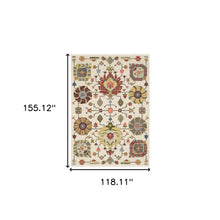 10' X 13' Ivory Yellow Rust Green Grey Pink Orange Blue And Grey Oriental Power Loom Stain Resistant Area Rug With Fringe