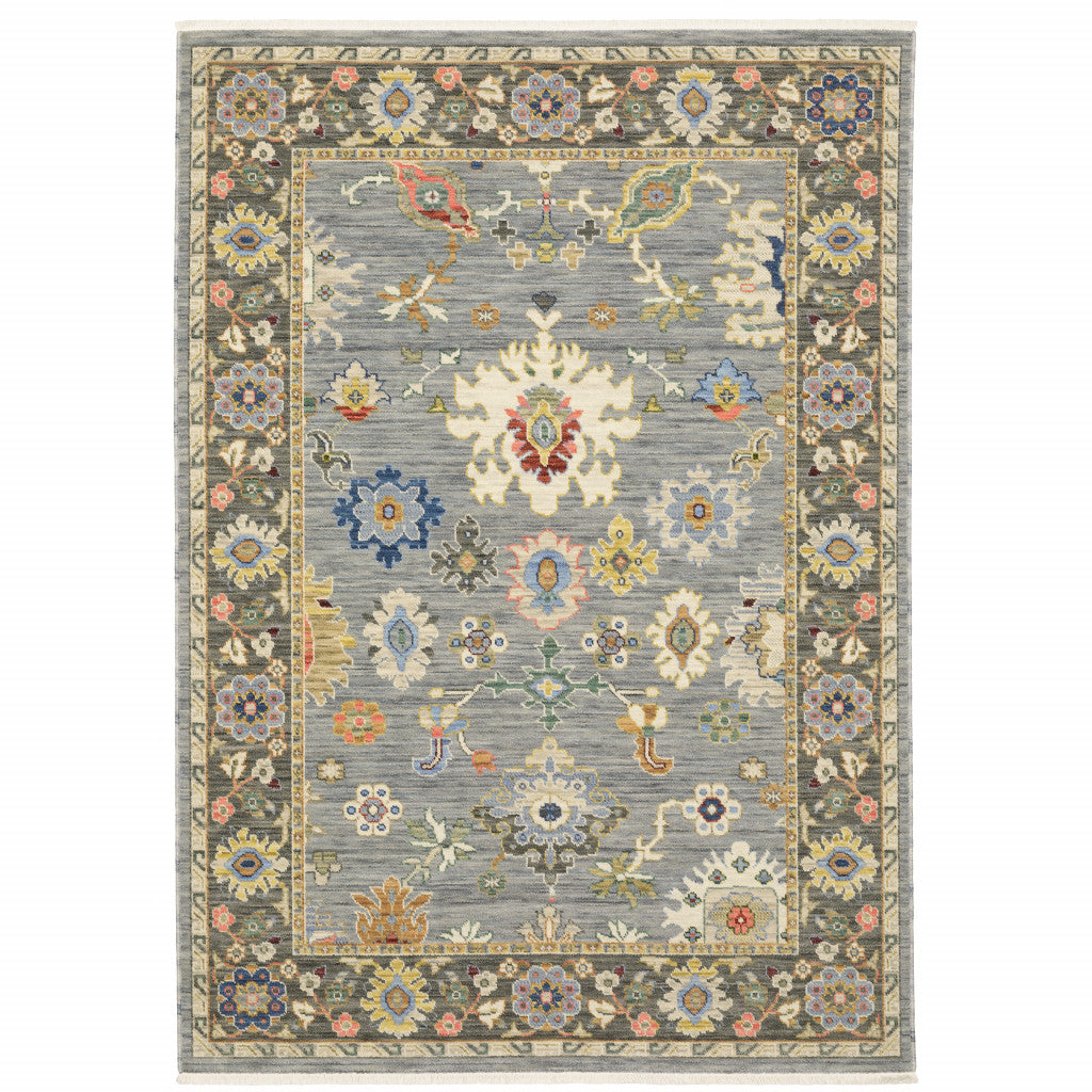 Blue Grey Gold Green Pink Orange Ivory And Red Oriental Power Loom Stain Resistant Area Rug With Fringe 2' X 3'