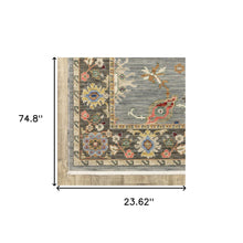 Blue Grey Gold Green Pink Orange Ivory And Red Oriental Power Loom Stain Resistant Runner Rug With Fringe 2' X 6'