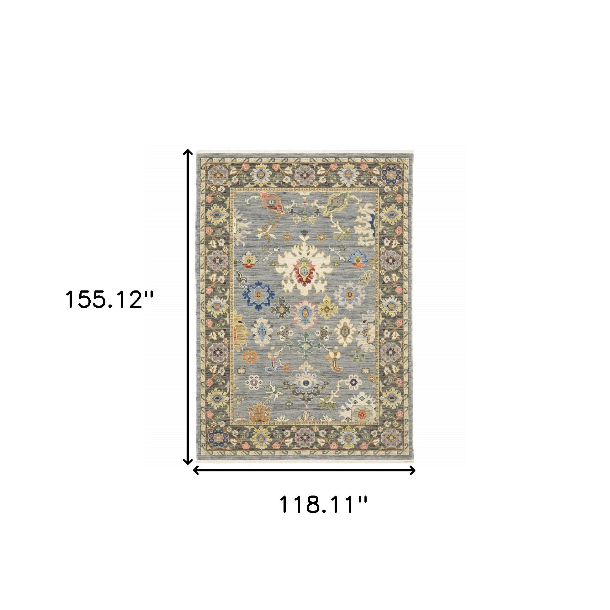 Blue Grey Gold Green Pink Orange Ivory And Red Oriental Power Loom Stain Resistant Area Rug With Fringe 10' X 13'