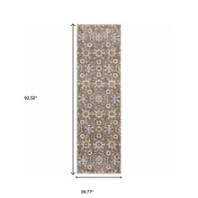 2' X 8' Grey And Tan Floral Power Loom Stain Resistant Runner Rug With Fringe